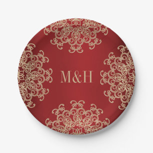 Monogrammed Red and Gold Indian Style Wedding Paper Plate