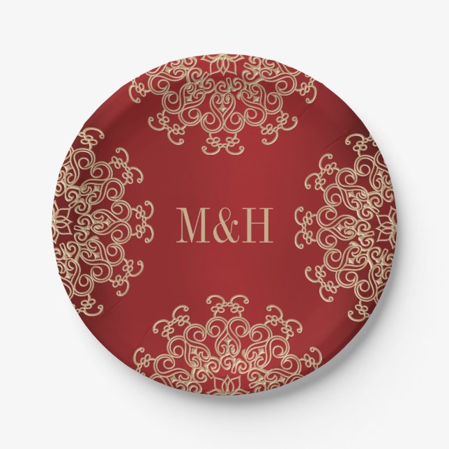 Monogrammed Red and Gold Indian Style Wedding Paper Plate (Front)