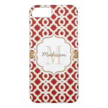 Monogrammed Red and Gold Quatrefoil