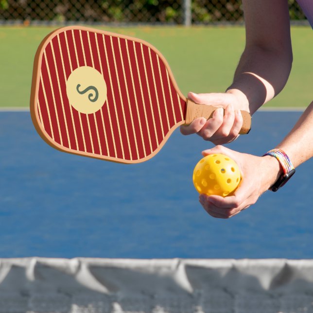 Monogrammed Red and Gold stripes pattern Pickleball Paddle (Insitu)