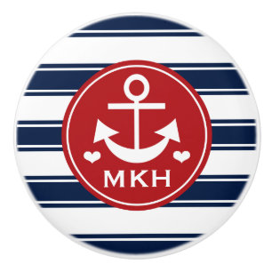Monogrammed Red and Navy Anchor Ceramic Knob