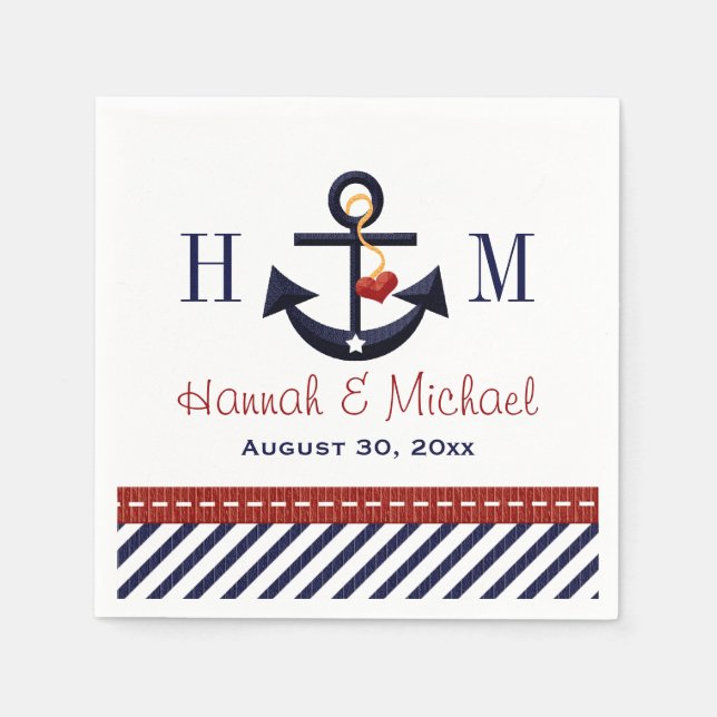 Monogrammed Red and Navy Anchor Nautical Wedding Napkin (Front)
