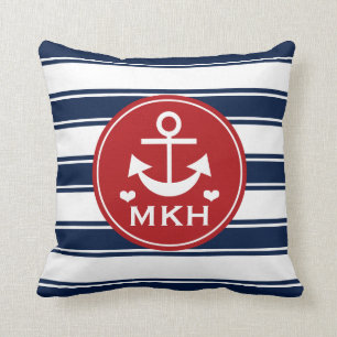 Monogrammed Red and Navy Blue Anchor Cushion