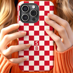 Monogrammed Red And White Chequerboard Pattern iPhone 15 Case
