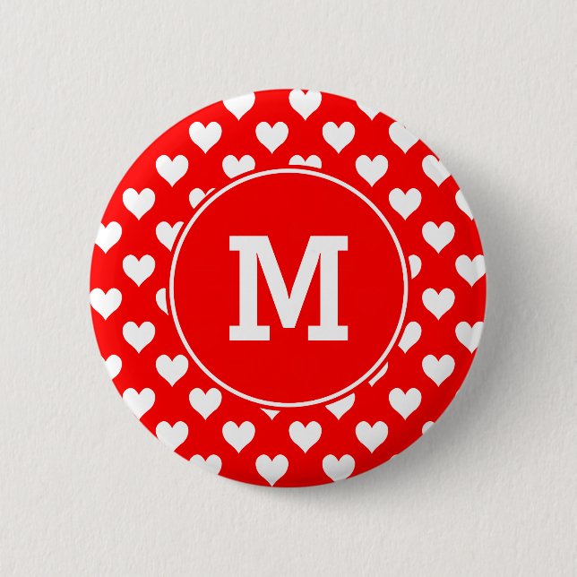 Monogrammed Red and White Heart Pattern 6 Cm Round Badge (Front)