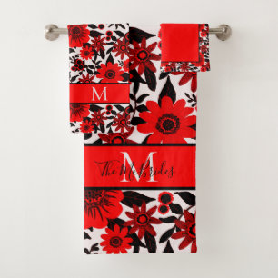 Monogrammed Red, Black and White Jungle Floral Bath Towel Set