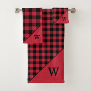 Monogrammed Red Black Buffalo Plaid Pattern Bath Towel Set