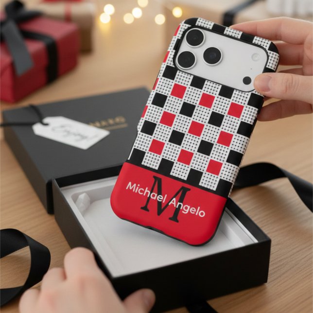 Monogrammed Red & Black Modern Chequerboard (Creator Uploaded)