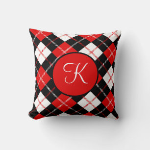 Monogrammed Red Black White Argyle Plaid Cushion