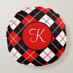 Monogrammed Red Black White Argyle Plaid Round Cushion