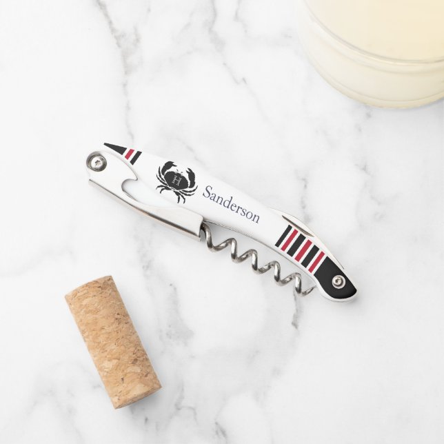 Monogrammed Red Black White Crab Nautical Corkscrew (Front)