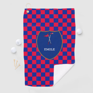 Monogrammed Red Blue Checks & golf club & flag Gol Golf Towel