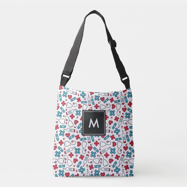 Monogrammed Red Blue Medical Pattern Nurse Crossbody Bag (Front)