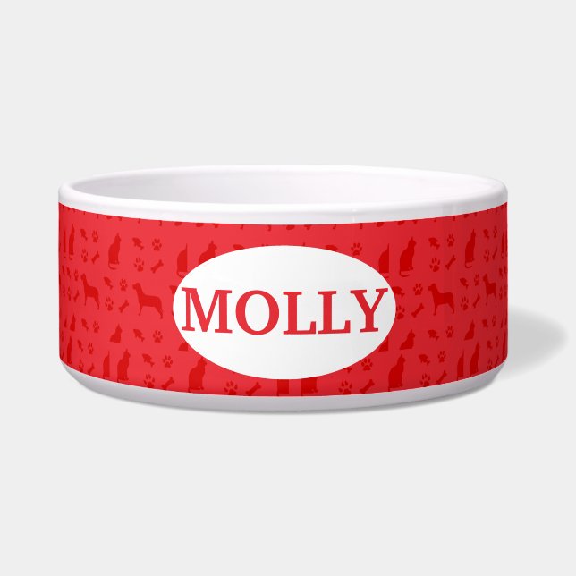 Monogrammed Red Cat and Dog Pattern Food Bowl (Front)