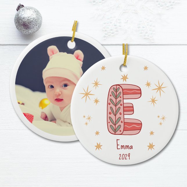 Monogrammed Red Festive Star Ornament (Baby Girl's First Christmas with Initial E Ceramic Ornament)