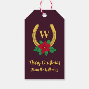 Monogrammed Red+GoldChristmas Poinsettia Horseshoe Gift Tags