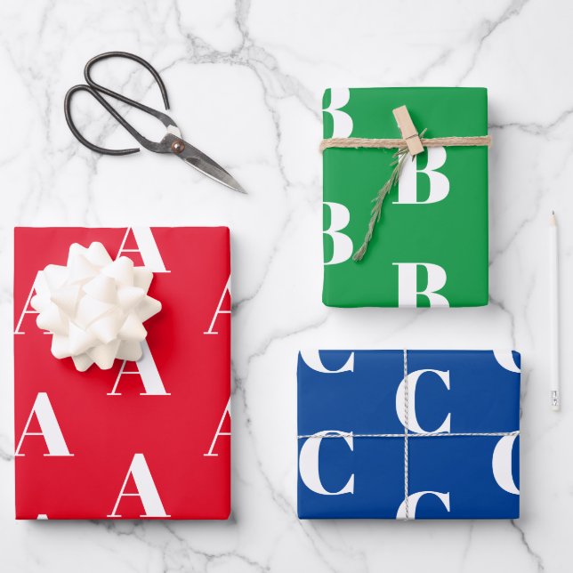 Monogrammed red green blue custom initial letter wrapping paper sheet (Front)