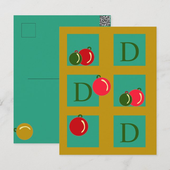 Monogrammed Red, Green, Gold Christmas Ornaments Postcard (Front/Back)