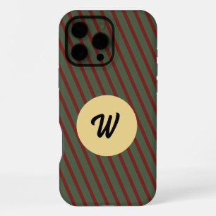 Monogrammed Red & Green Retro Striped Gold Circle iPhone 16 Pro Max Case