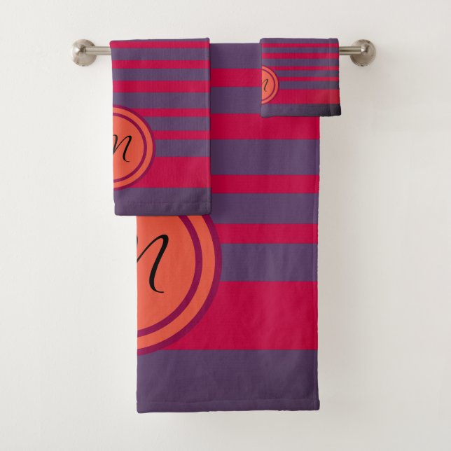 Monogrammed Red Grey  Stripes Bathroom Towel Set (Insitu)