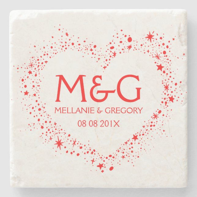Monogrammed Red Heart Outline Illustration Stone Coaster (Front)