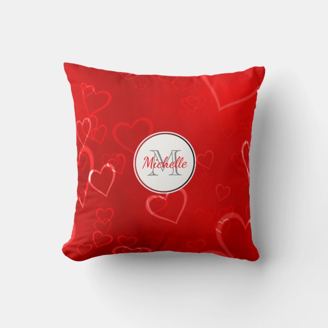 Monogrammed Red Hearts Pattern Cushion (Front)
