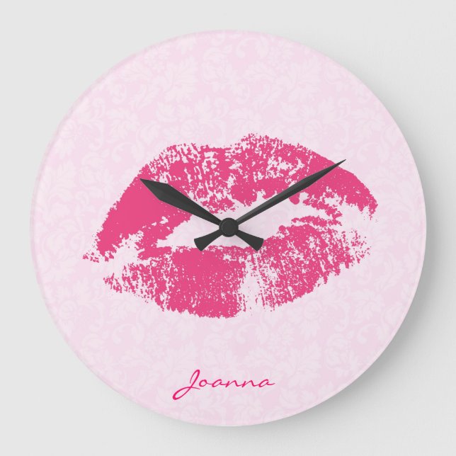 Monogrammed Red Lips Over Light Pink Damask Large Clock (Front)