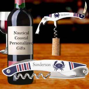 Monogrammed Red Navy Blue White Crab Nautical  Corkscrew