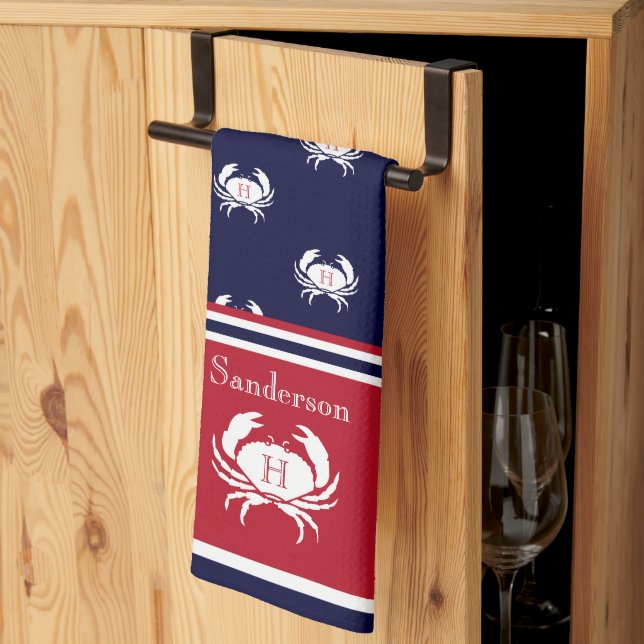 Monogrammed Red  Navy Blue White Crab Nautical  Ki Tea Towel (Thirds Fold)