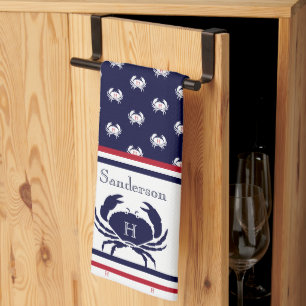 Monogrammed Red  Navy Blue White Crab Nautical  Tea Towel