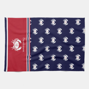 Monogrammed Red  Navy Blue White Crab Nautical  Tea Towel