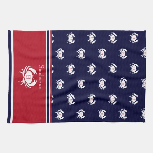 Monogrammed Red  Navy Blue White Crab Nautical  Tea Towel (Horizontal)