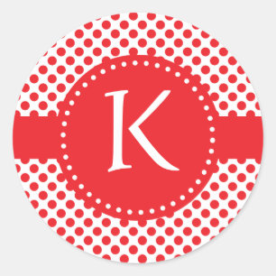 Monogrammed Red on White Polka Dot Classic Round Sticker