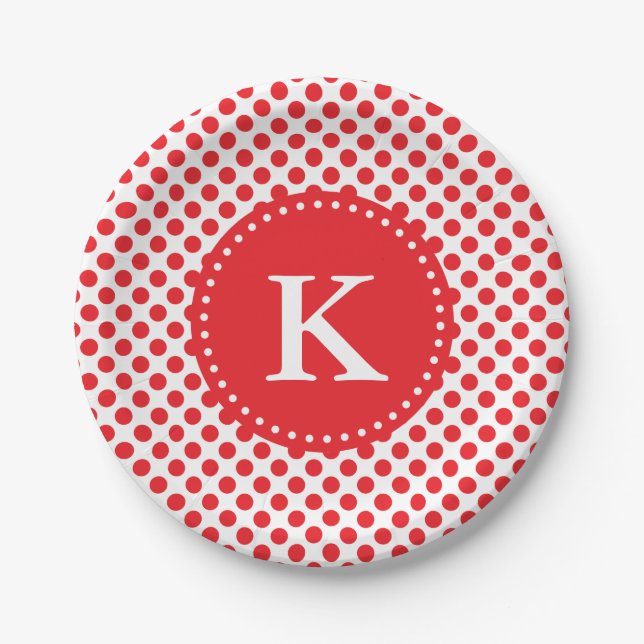 Monogrammed Red on White Polka Dot Paper Plate (Front)