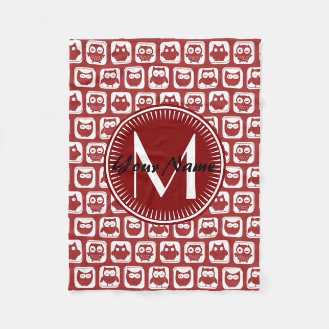 Monogrammed Red Owls, Personalised Name Fleece Blanket (Front)