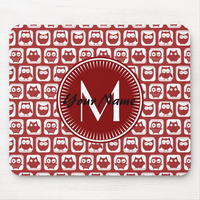 Monogrammed Red Owls, Personalised Name Mouse Mat (Front)