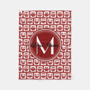 Monogrammed Red Owls, Personalized Name Fleece Blanket