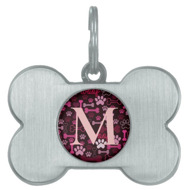 Monogrammed Red Paw Prints & Bones Pet ID Tag (Front)