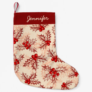 Monogrammed Red Pink Christmas Holly Small Christmas Stocking