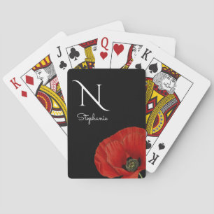 Monogrammed Red Poppy on Black  Playing Cards