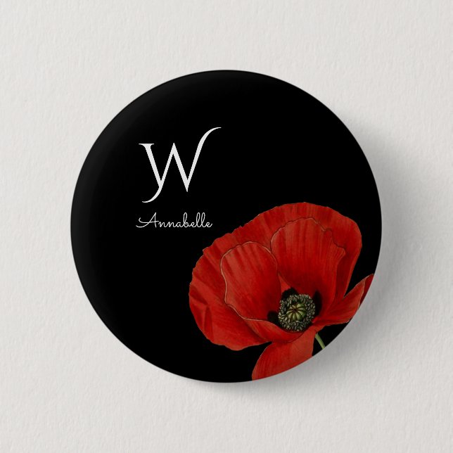 Monogrammed Red Poppy on Black Simple  6 Cm Round Badge (Front)