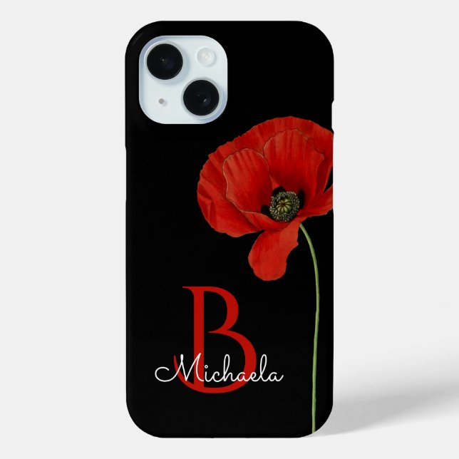 Monogrammed Red Poppy on Black Stylish Case-Mate iPhone Case (Back)