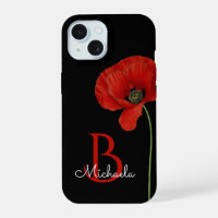 Monogrammed Red Poppy on Black Stylish