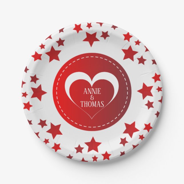 Monogrammed Red Stars And Heart Paper Plate (Front)