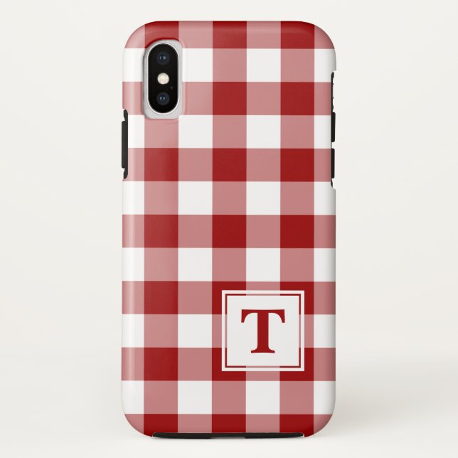 Monogrammed Red White Buffalo Check Pattern Case-Mate iPhone Case (Back)