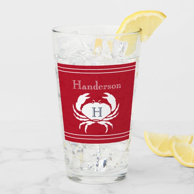 Monogrammed Red White Crab Nautical  Glass (Back Ice)
