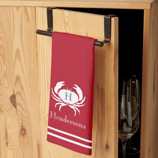 Monogrammed Red White Crab Nautical Kitchen Towel (Thirds Fold)