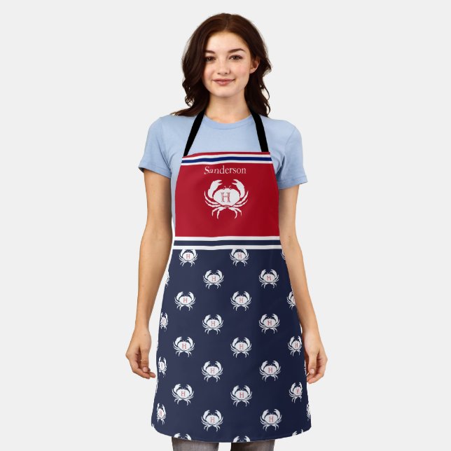 Monogrammed Red White Navy Blue Crab Nautical Apro Apron (Worn)