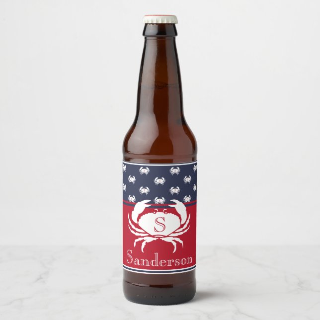 Monogrammed Red White Navy Blue Crab Nautical Beer Bottle Label (Front)