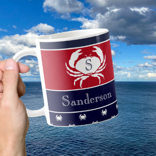 Monogrammed Red White Navy Blue Crab Nautical Coffee Mug